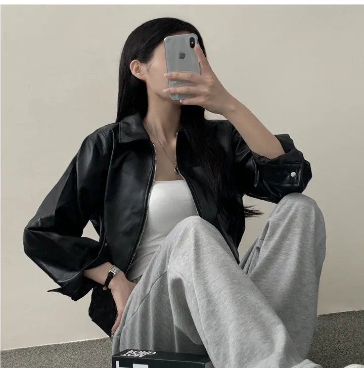 [예쁨보장/가을무드] 블루종 박시 카라 크롭 라이더 가죽 레더 자켓 3color 상세 이미지 12