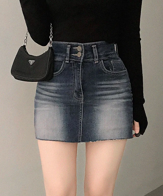 [허리잘록] 제르디 투버튼 브러쉬 워싱 데님 치마바지 스커트 봄스커트 봄미니스커트 봄치마 봄옷 봄신상