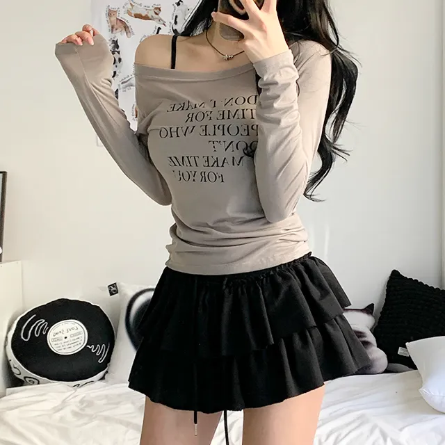 [날씬여리/3col] 해프닝 원숄더 레터링 시스루 긴팔 티셔츠 / 빈티지레터링 / 프린팅티셔츠 / 언발넥 / 오프숄더 / y2k / 트렌디 / 힙무드 / 군살커버 / 여리글램 상세 이미지 23