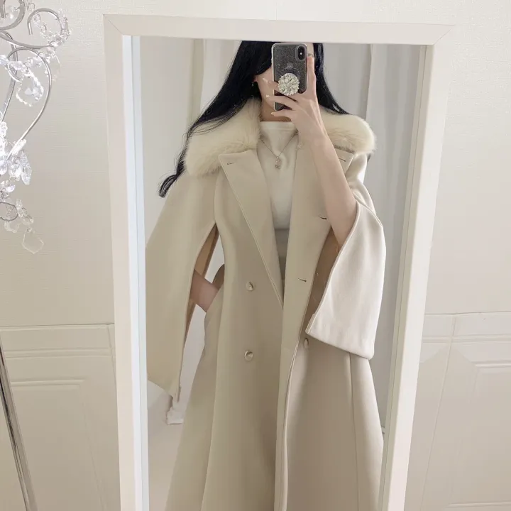 [롱케이프코트💗/고퀄보장✨] 롱VER. 알콩 울 캐시미어 폭스퍼 페이크퍼 밍크퍼 누빔안감 케이프 벨트 버튼 고급 우아 롱 판쵸 코트 망토 자켓 (4color) 연말룩 크리스마스 상세 이미지 17