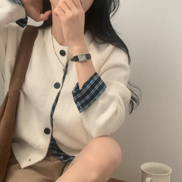 [저렴이X,원단달라요!/긱시크🤍] 버른 체크 레이어드 셔츠 배색 니트 가디건 - 5color 상세 이미지 18