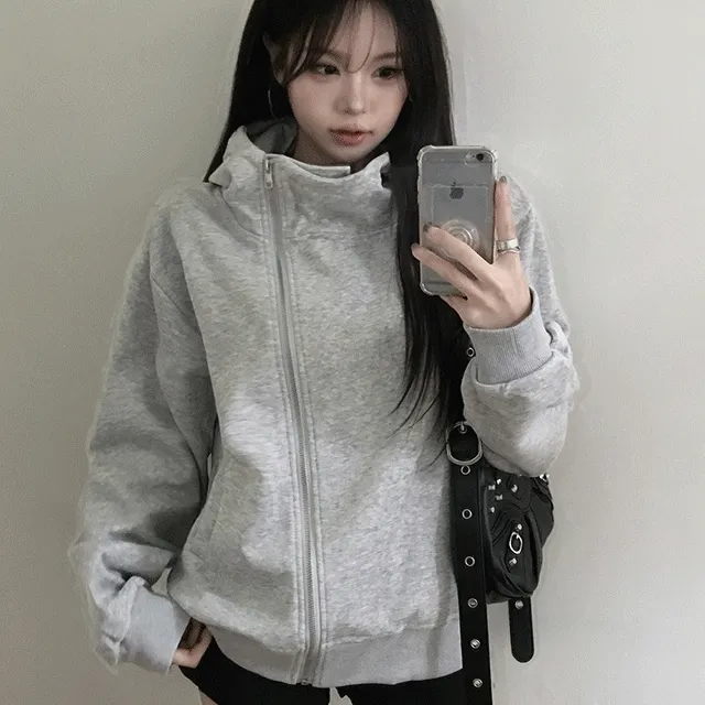 [아방루즈🤎하이넥] 도지 사선 지퍼 가을 루즈핏 하이넥 후드 집업 / 빅사이즈 후드점퍼 가을아우터 봄아우터 클래식블랑