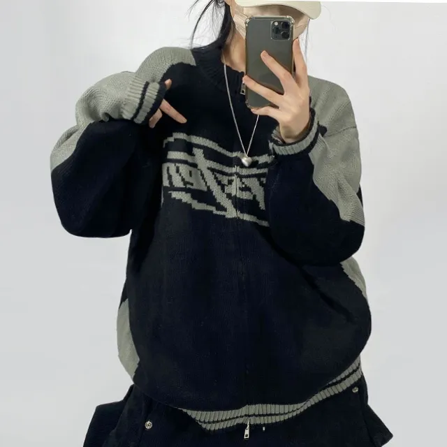 [~3XL] 빈티지 힙무드 박시니트집업💝 배색 나그랑 스트릿/투웨이 남녀공용 커플 빅사이즈 [4070] 상세 이미지 13