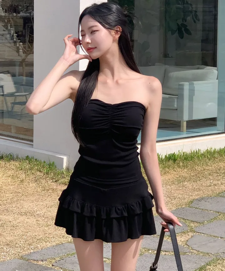 [섹시유니크🖤] 글램 투피스 / 캡내장 캡나시 뷔스티에 셔링 크롭탑 셔링탑 튜브탑 탱크탑 브라탑 볼륨업 데님탑 캉캉치마 치마바지 여름원피스 여행 bj 레이어드스커트 숏팬츠 스판 상세 이미지 34