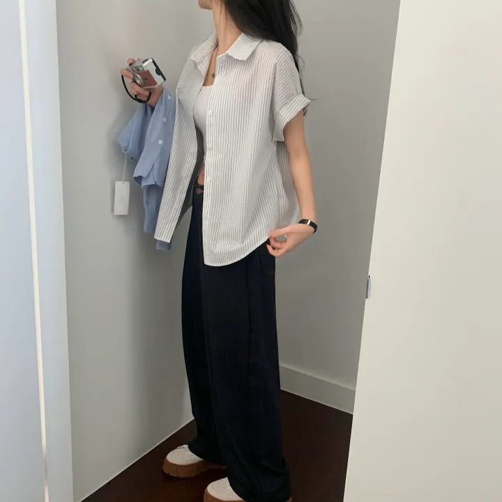 [빈티지🤍/여름셔츠] 샌드 스트라이프 루즈핏 롤업 반팔셔츠,남방 - 3color 상세 이미지 15