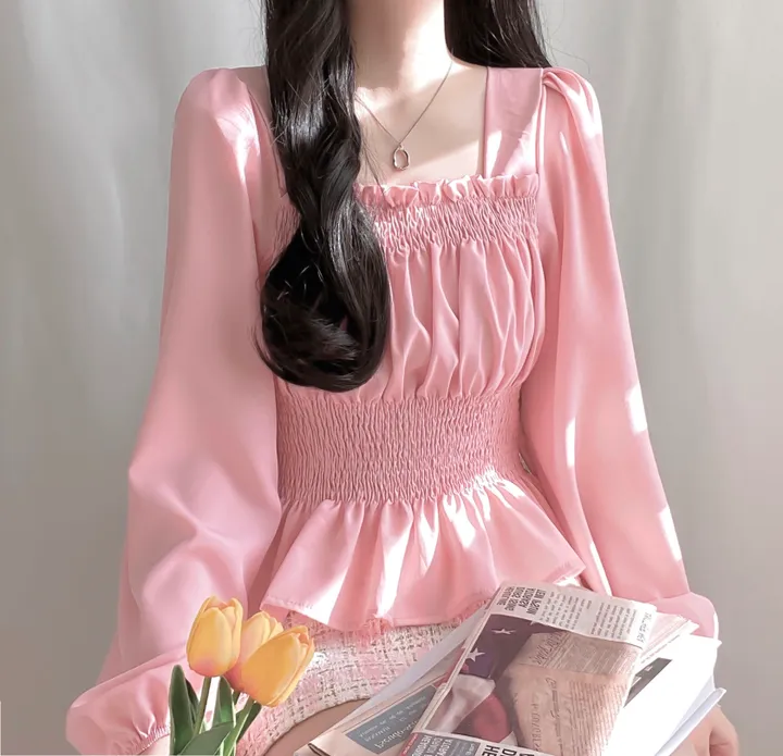 [체형보정/살랑쉬폰] 샤인 스퀘어넥 프릴 셔링 스모크 밴딩 퍼프 블라우스 상세 이미지 29