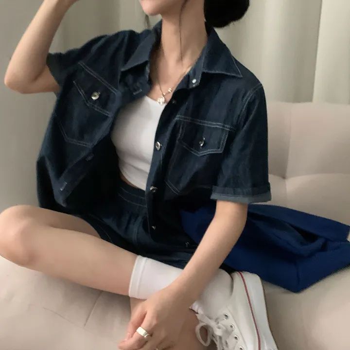 [세트가격/2사이즈!] 포토그래퍼 데님 오버핏 반팔셔츠+반바지 셋업,투피스 상세 이미지 4