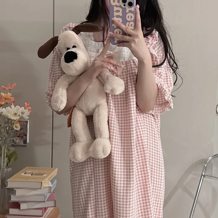 [당일출고/3컬러] 루즈핏 귀여운 스몰 체크 오버핏 반팔 원피스 파자마 잠옷_반팔ops_ver 상세 이미지 22