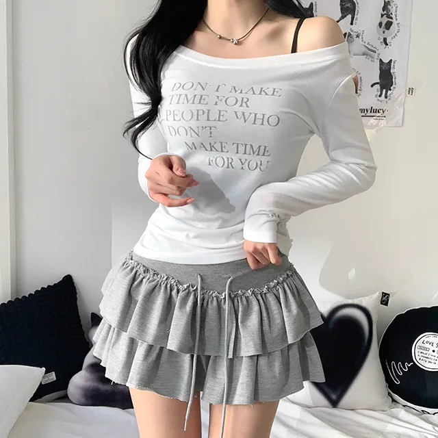 [날씬여리/3col] 해프닝 원숄더 레터링 시스루 긴팔 티셔츠 / 빈티지레터링 / 프린팅티셔츠 / 언발넥 / 오프숄더 / y2k / 트렌디 / 힙무드 / 군살커버 / 여리글램 상세 이미지 6
