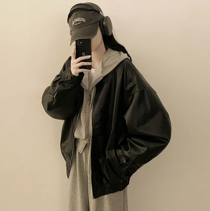 [찐오버핏/고퀄!] 카라 블루종 레더자켓 밴딩 시보리 점퍼 브라운 블랙 상세 이미지 14