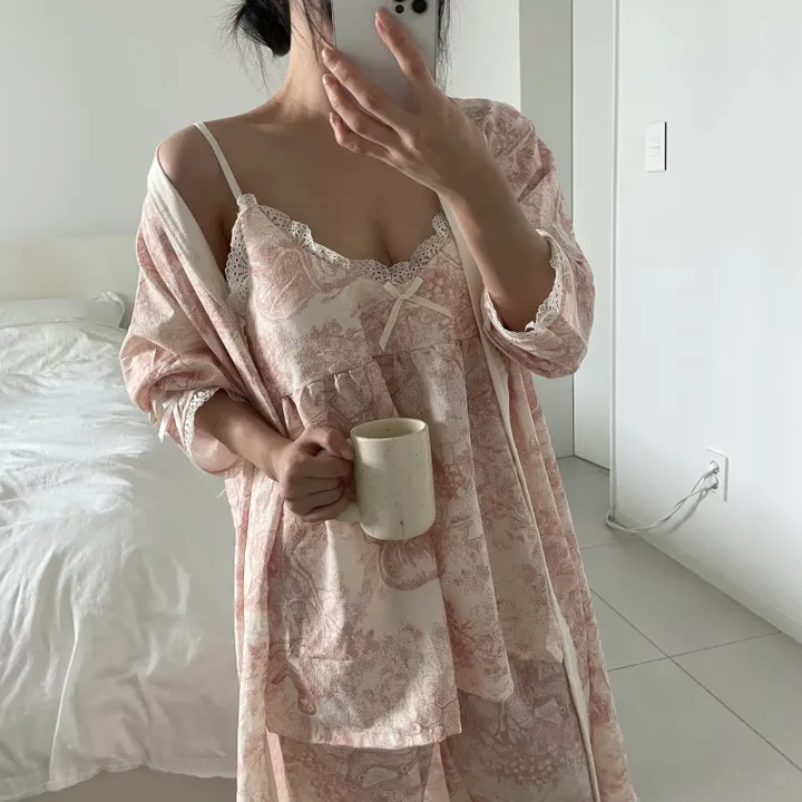 [당일출고]캡내장 파스텔 상의+긴바지+로브가디건 3pcs 잠옷 홈웨어 세트(2color) 상세 이미지 5