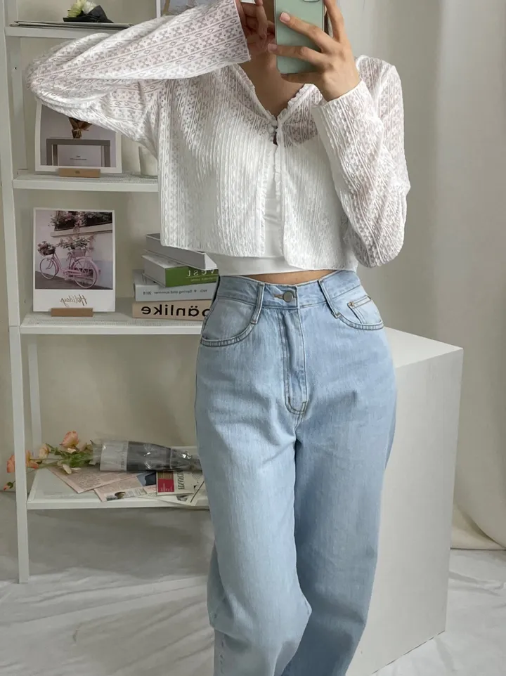 [1+1할인/여리핏/비치웨어] 여름 시스루 펀칭 레이스 프릴 투버튼 브이넥 긴팔 숏 크롭 가디건 (4color) 상세 이미지 9