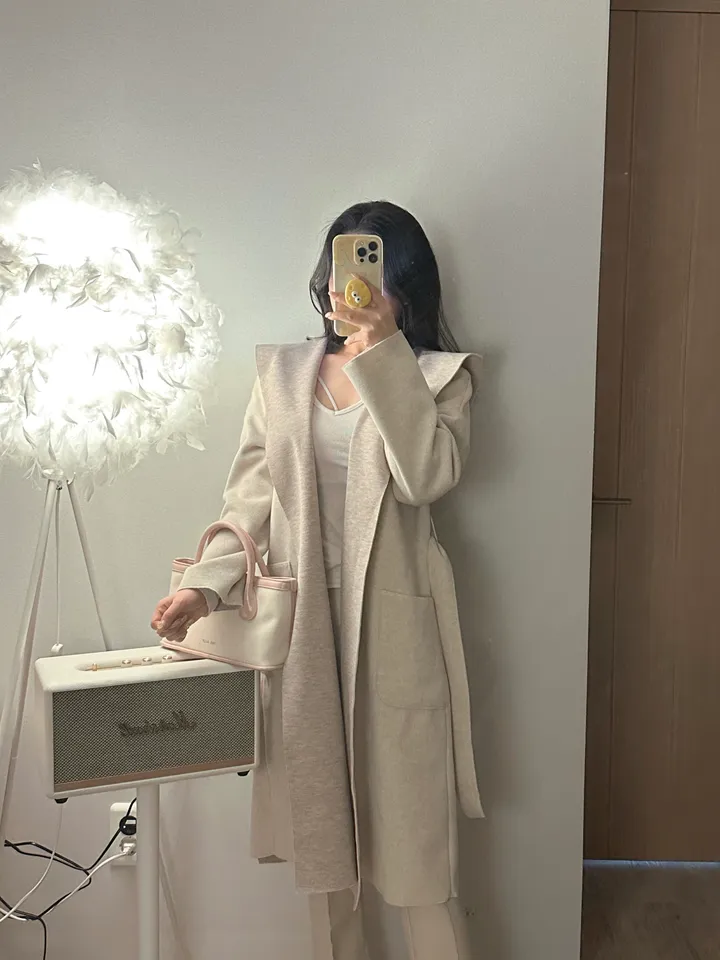 울 배색 벨트 후드 숄 코트 가디건 상세 이미지 4