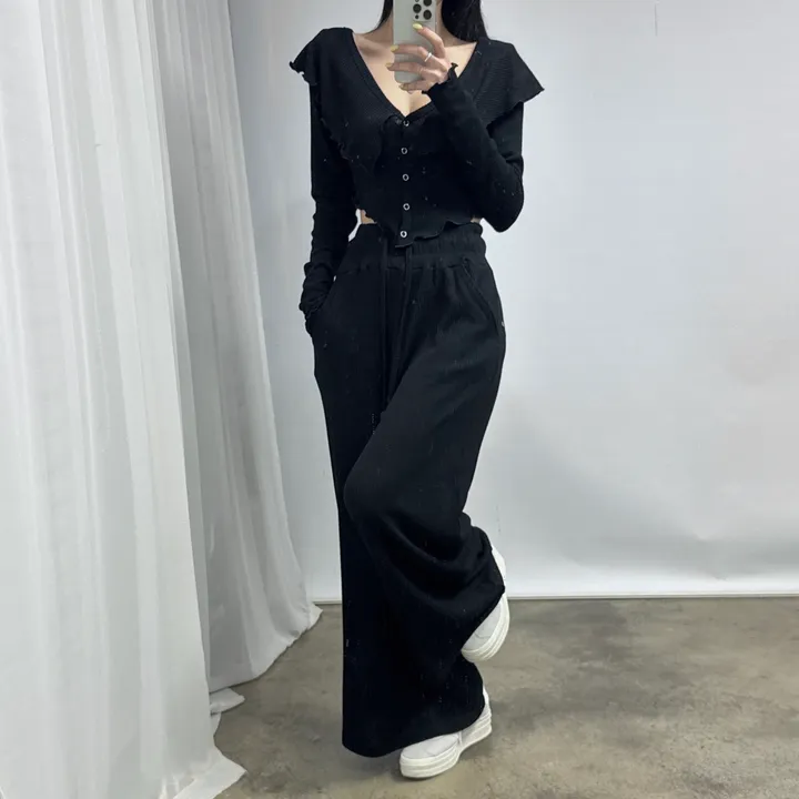 [초여리핏❤/별도구매] 티티 크롭 빅 카라 날개 가디건 와이드 나팔 팬츠 트레이닝 세트 4color 슬림 상세 이미지 32