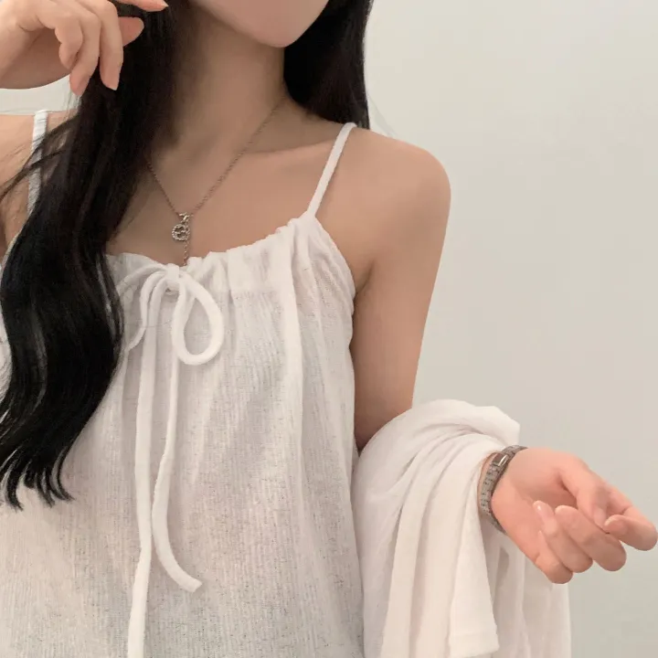 [린넨,세트/살안타템!] 젤럼 리본 셔링 홀터나시+루즈핏 린넨가디건 세트,셋업 - 4color 상세 이미지 5