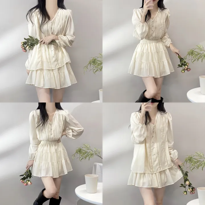 *최저가*[세트가격/분위기여신💗] 쏘내추럴 청순 콩단추 브이넥 펀칭 끈 블라우스 밴딩 A라인 캉캉 미니 스커트 투피스 / 간절기 봄 데이트 셋업 상세 이미지 1