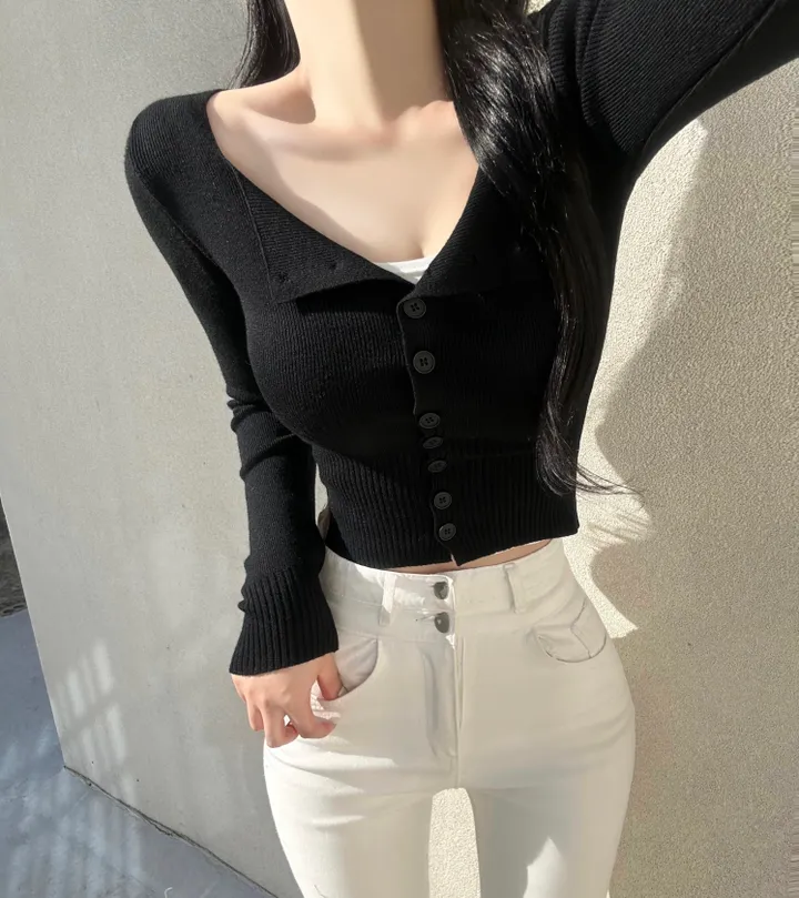 [최저가보장!!/허리잘록/벌어짐X] 청순 글램 소프트 무지 스퀘어넥 허리시보리 골지 니트 가디건 봄신상 세미크롭 데일리 데이트룩 여친룩 베이직 기본 긴팔 티셔츠 개강룩 상세 이미지 17
