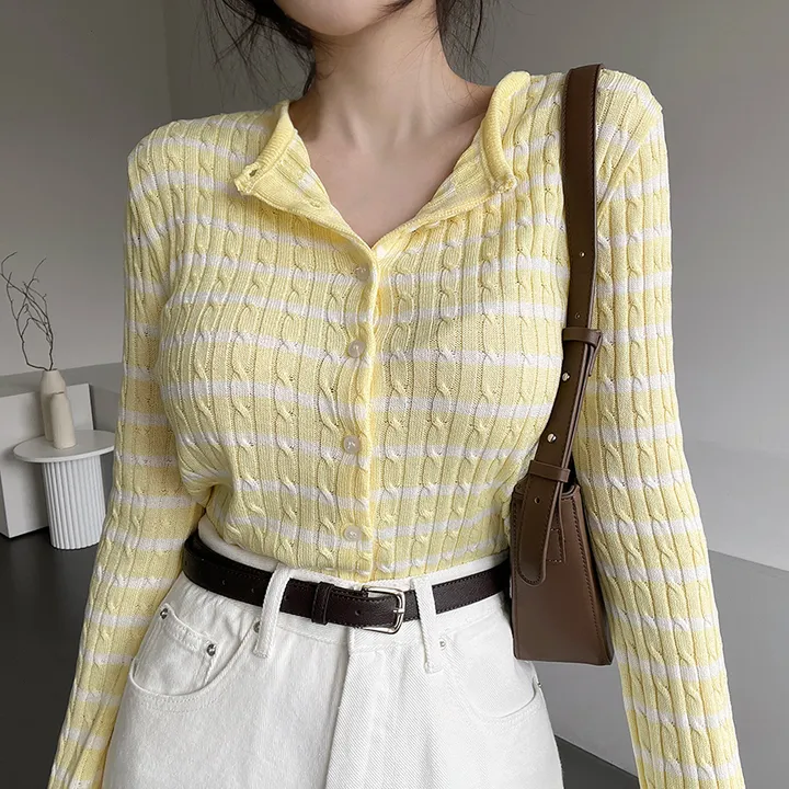 [데일리템💛/쫀쫀스판] 가나다란 리버 스트라이프 단가라 케이블 꽈배기 니트 가디건 4color 상세 이미지 12