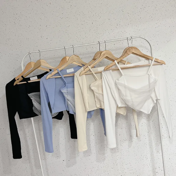 *세트/코디걱정X* [망사포인트!] 봄 여름 스퀘어넥 사선 언발 셔링 드레이프 주름 글램 민소매 뷔스티에 끈 나시 + 크롭 긴팔 볼레로 가디건 투피스 상세 이미지 16