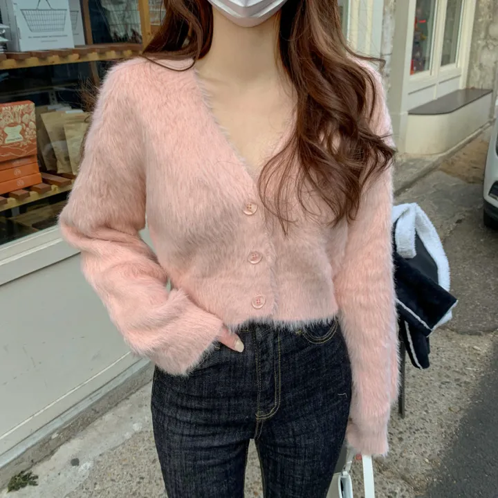 [심쿵핏/털빠짐X] 따뜻 도톰 파스텔 루즈핏 앙고라 모헤어 크롭 브이넥 벌룬 소매 깃털 퍼 니트 가디건 상세 이미지 15