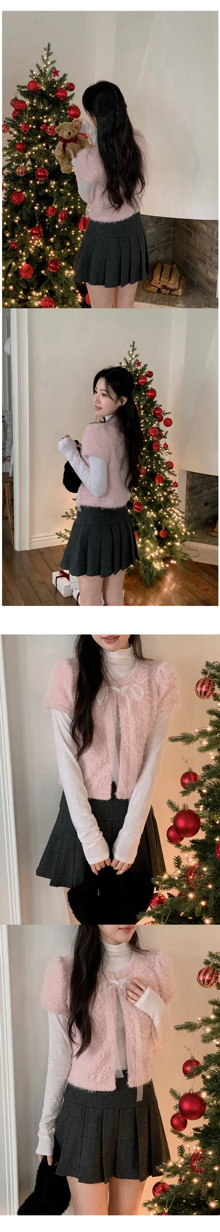 [하객룩][리본탈부착가능][리본 셋트][MADE][자체제작][국내 생산]스노우 시어 쉬폰 리본 퍼 반팔 가디건 (3color) 상세 이미지 29