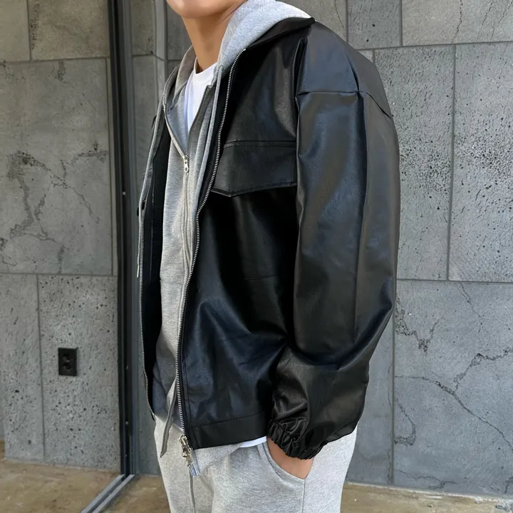 크롭&오버/세트가능 커플 크롭 레더 자켓 후드 집업 가죽 자켓 겨울 봄 가을 커플룩 커플 시밀러룩 꾸안꾸 트레이닝 세트 남자 코디 오버핏 남녀공용 데이트 빅사이즈 상세 이미지 19