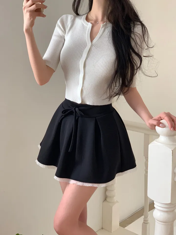 제티 브이넥 단추 반팔 가디건 상세 이미지 9