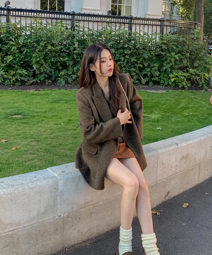 [wool70%🤎클래식무드] 모직 헤링본 핸드메이드 하프코트 자켓 반코트 아우터 절개 트임 코트 고퀄리티 루즈핏 봄 간절기 데이트룩 개강룩 4COL 상세 이미지 20