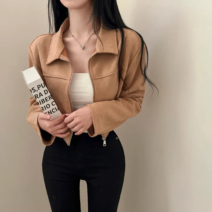 [어깨패드O] 어텀 스웨이드 절개 카라 크롭 자켓 집업 상세 이미지 2