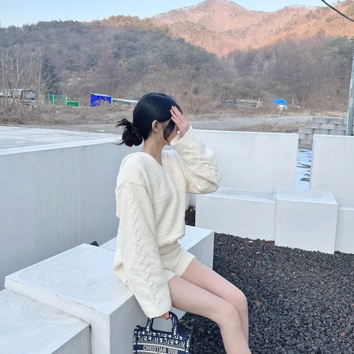 고퀄리티! 폭닥 꽈배기 루즈핏 아방 여리 박시 후드 니트 + 포켓 숏팬츠 투피스 SET 상세 이미지 3