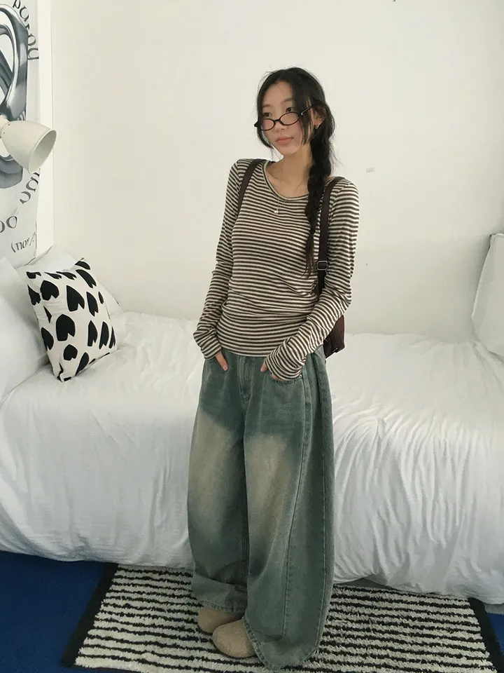 [슬림핏!/간절기,봄필수! 잔단가라 라운드넥 단가라티셔츠 긴팔티셔츠 이너티 기본티] 엘리슬림핏단가라긴팔T 상세 이미지 5
