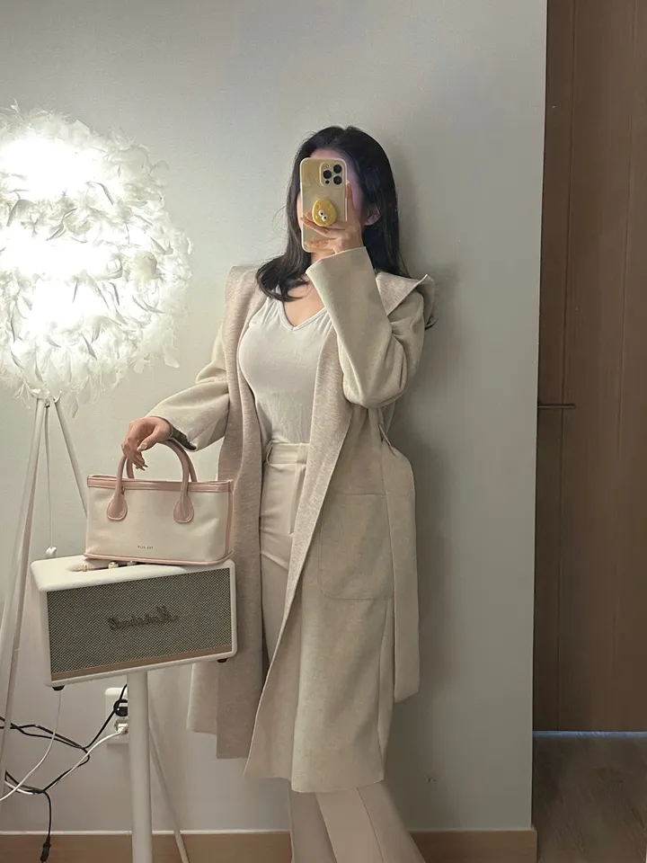 울 배색 벨트 후드 숄 코트 가디건 상세 이미지 6