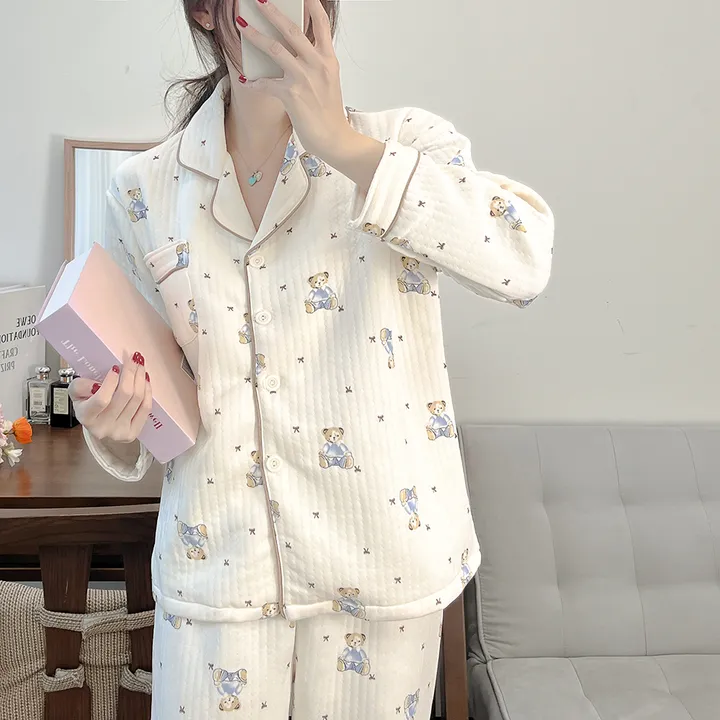 [New레이스 누빔] 귀여워 베이비 곰돌이 누빔 베이지 아이보리 테디베어 포켓 셔츠 겨울 긴팔 파자마 잠옷 세트 #B.Night #3049 상세 이미지 11