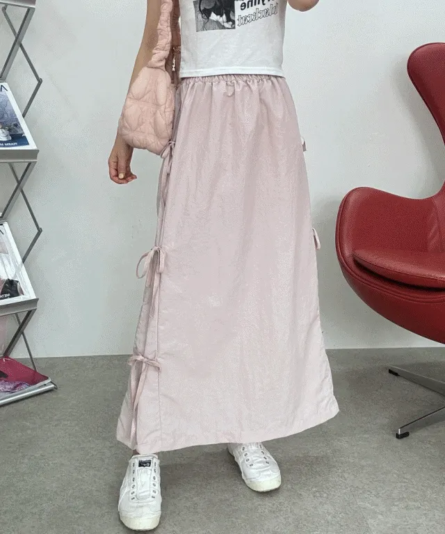 [5color/나일론] 아노락 밴딩 랩 리본 뒷트임 바스락 롱스커트