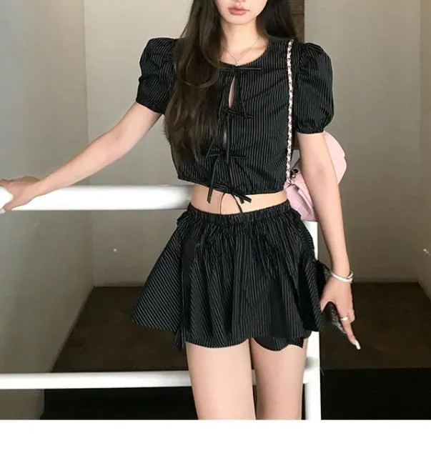 [은근섹시💘] SET! 제니 프론트 오픈 리본 블라우스 + 스커트 셋업💫 속바지내장/셋업/고퀄리티/데이트 휴양지룩 상세 이미지 2