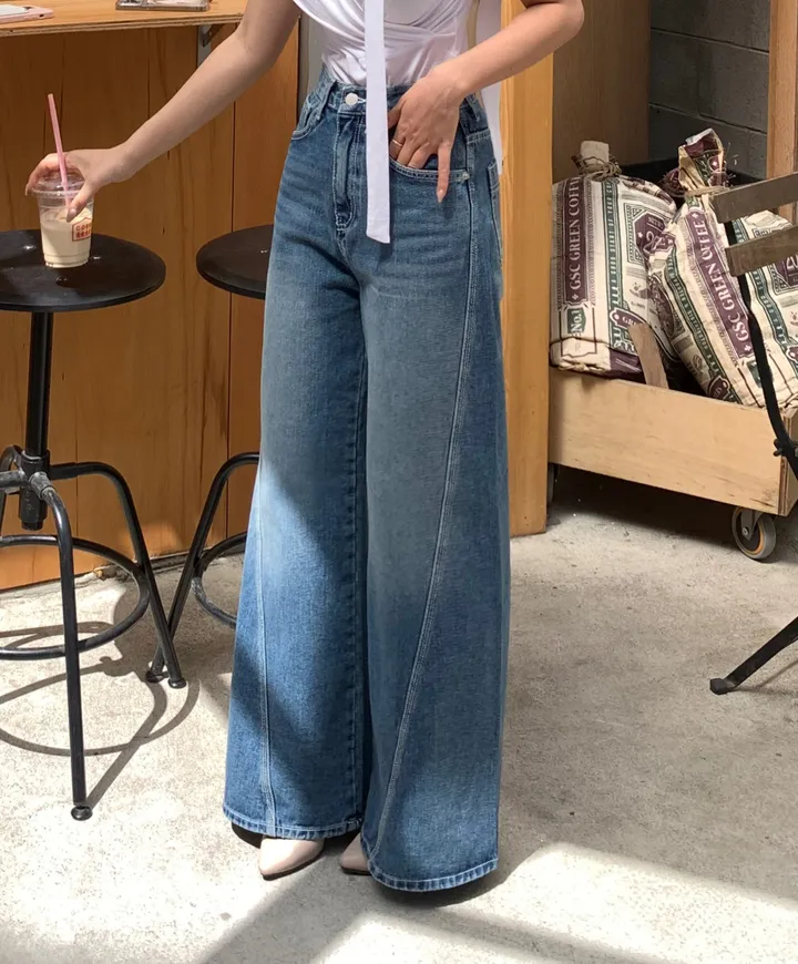 [개말라핏✨/~3XL/최저가] 사선 와이드 데님 일자청바지 하이웨스트 데님 체형커버 청바지-2col 상세 이미지 6