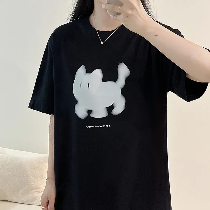 🖤[당일출고/남녀공용]🖤 고양이 캣 빅사이즈 박시핏 루즈핏 오버핏 박시티 반팔 티 티셔츠 여름 면티 커플티 커플룩 커플 커플잠옷 순면 잠옷 파자마 상하세트 체크바지 프리미엄 무 상세 이미지 9