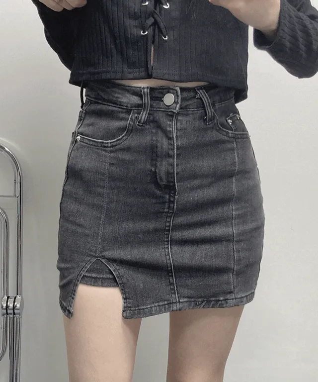 절개 라인 스판 트임 흑청 연청 H라인 미니 스커트