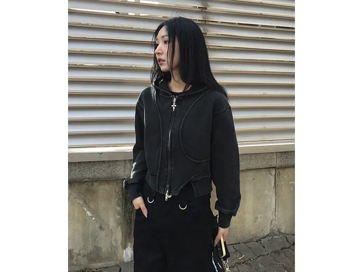 퍼키 투웨이 크롭 후드 집업 (2color) 상세 이미지 2