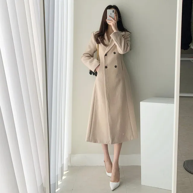 A라인 슬림 롱 플레어 더블 버튼 울코트 블랙 베이지 상세 이미지 32