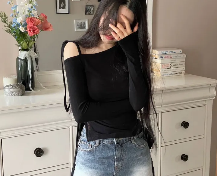 플릿 리본 원숄더 셔링 스트링 시스루 니트 4color 상세 이미지 23