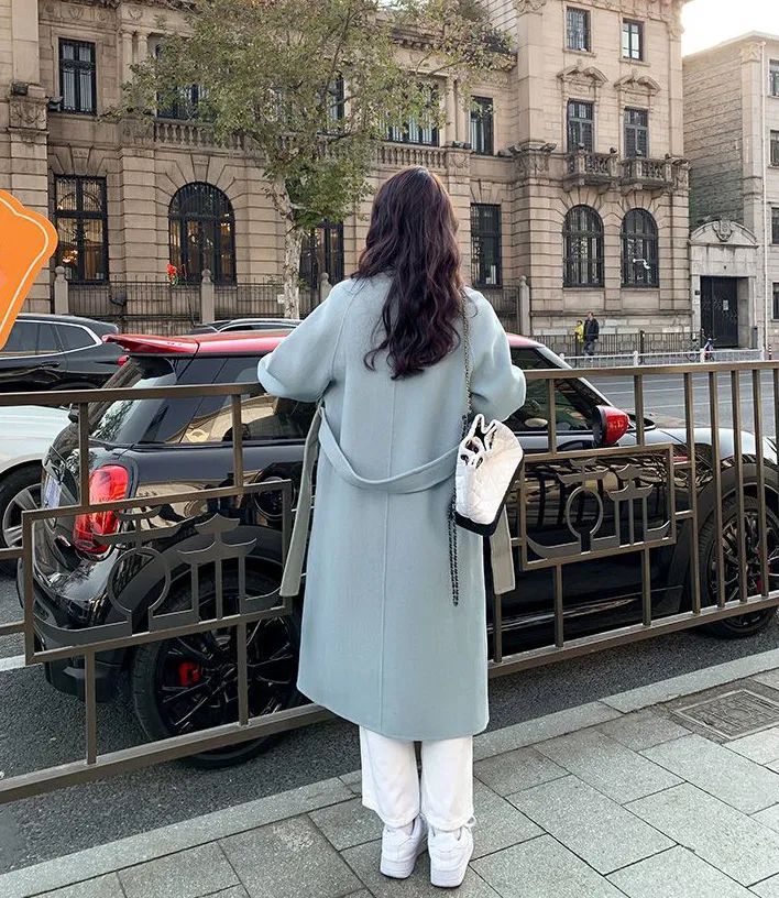 파스텔 더블 버튼 빅카라 테일러드 벨트 모직 롱 코트 상세 이미지 10