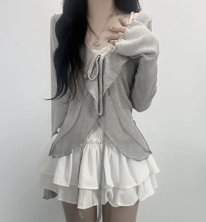 ruffle ribbon lace cardigan 러플 리본 레이스 가디건 (봄가디건, 러블리, 프릴, 니트가디건, 슬림핏, 여리여리) 상세 이미지 14