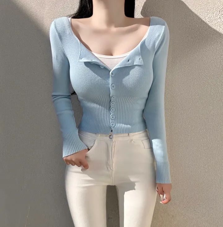 [최저가보장!!/허리잘록/벌어짐X] 청순 글램 소프트 무지 스퀘어넥 허리시보리 골지 니트 가디건 봄신상 세미크롭 데일리 데이트룩 여친룩 베이직 기본 긴팔 티셔츠 개강룩 상세 이미지 13