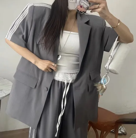 *(기획특가/퀄리티굿)* 헹거칩 레이스 트랙라인 수트세트 반팔자켓 루즈핏 오버핏 박시핏 하프자켓 슬랙스 바지 셋업 와이드팬츠 일자바지 하객룩 출근룩 데이트룩 상세 이미지 2
