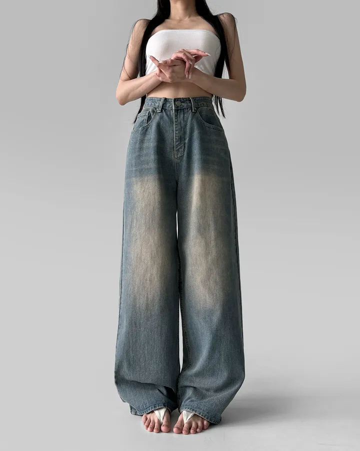 [3기장/~3XL] 스모크 워싱 와이드 정핏 일자 캐쥬얼 데일리 데님 팬츠 바지 상세 이미지 65