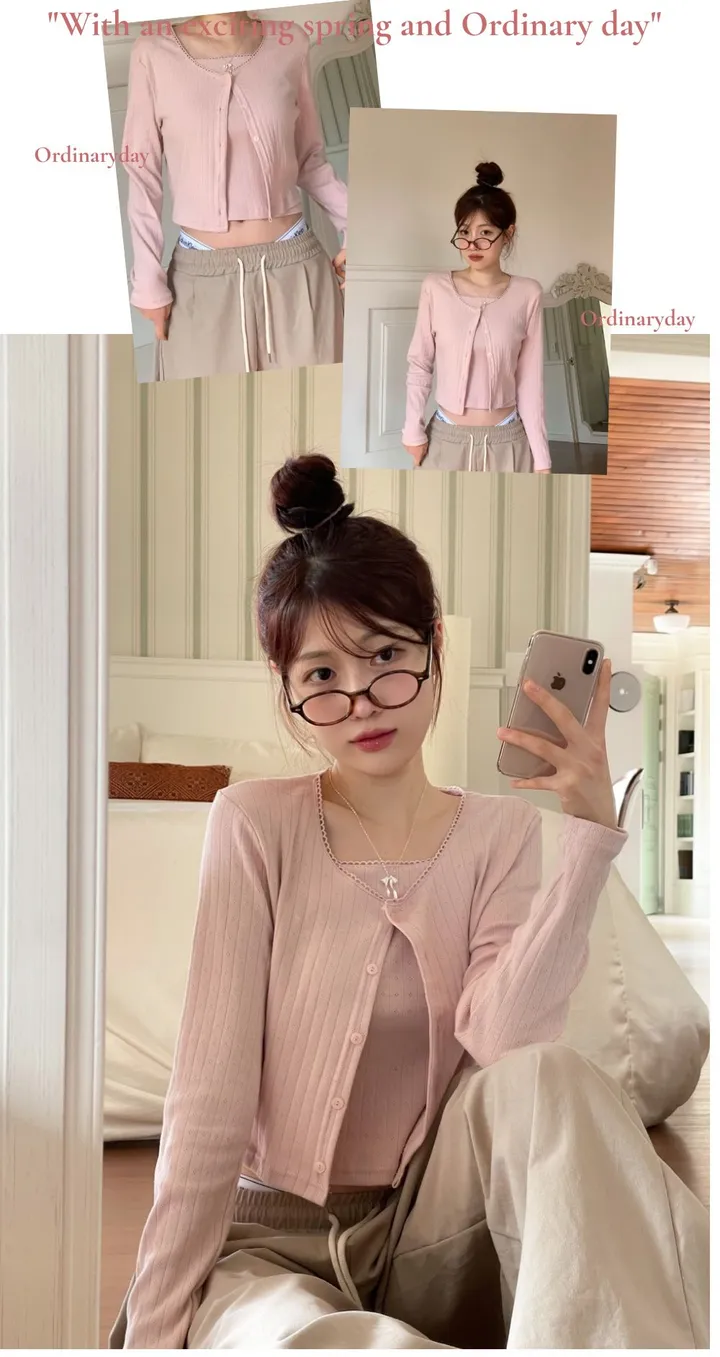 [Set가디건+나시/벚꽃룩/플라워펀칭]로젤린 플라워 펀칭 레이스 슬리브리스 나시 가디건 세트 3color 상세 이미지 15