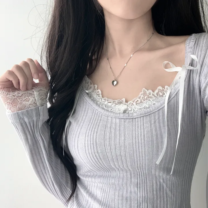 [은은한펄/러블리] 트윙클 골지 슬릿 펄 긴팔 티셔츠+레이스 리본 나시&슈아 밴딩 캉캉 미니 스커트 투피스 쓰리피스 코디세트 단품 세트 상세 이미지 6