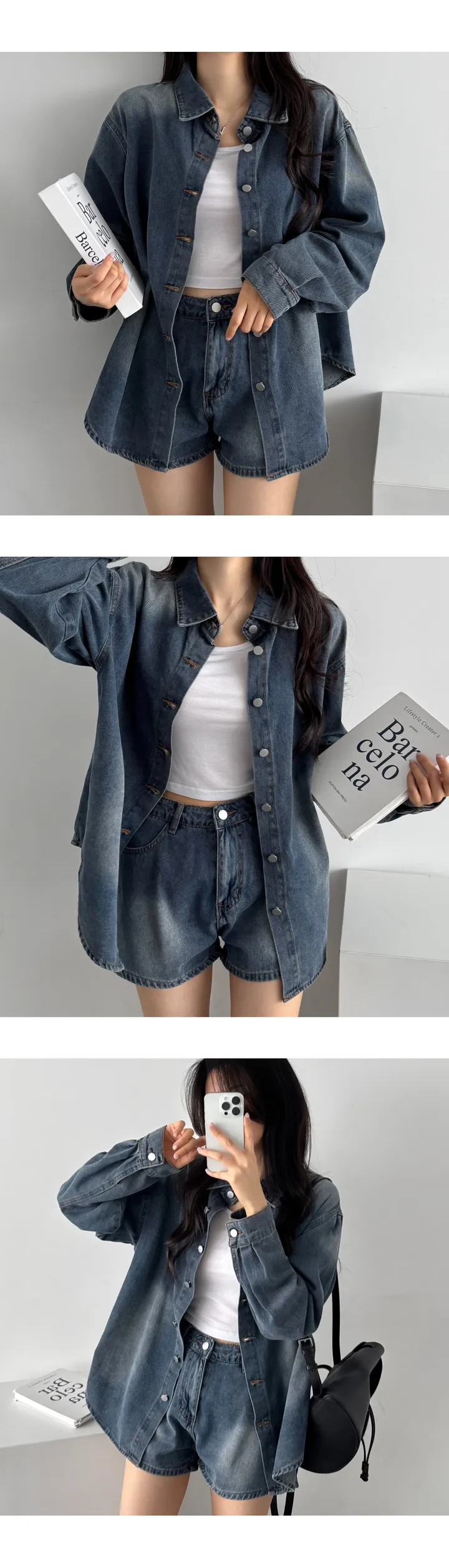 [데님세트/힙무드/y2k] 루즈핏 절개 데님 셔츠 + 3부 숏팬츠 SET 빈티지 청남방 데님 투피스 데님셔츠 데님반바지 진청 흑청 상세 이미지 22