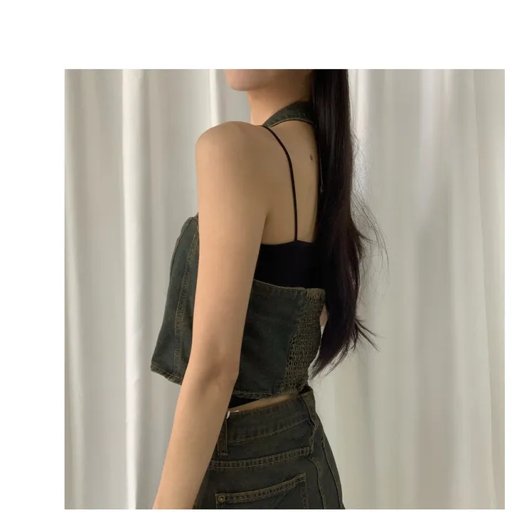 ⁎MADE [코디set/S~L] 치퍼 홀터 데님 크롭 뷔스티에 탑 나시 와이드 롱 생지 워싱 데님 청 팬츠 투피스 세트 <여행룩/힙/빈티지/인생샷!> 상세 이미지 14